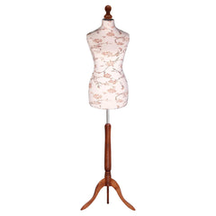 Display Guru Female Uk Size 8/10 Dressmakers Tailors Dummy Mannequin, Brown Flower on Cream Torso Bust With Dark Wood Tripod Stand