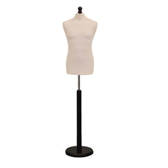 Display Guru Male Dressmakers Tailors Dummy Mannequin, Cream Torso Bust with Black Wood Round Base Stand