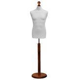 Display Guru Male Dressmakers Tailors Dummy Mannequin, White Torso Bust with Dark Wood Round Base Stand