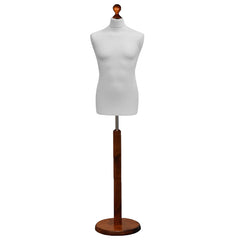 Display Guru Male Dressmakers Tailors Dummy Mannequin, White Torso Bust with Dark Wood Round Base Stand