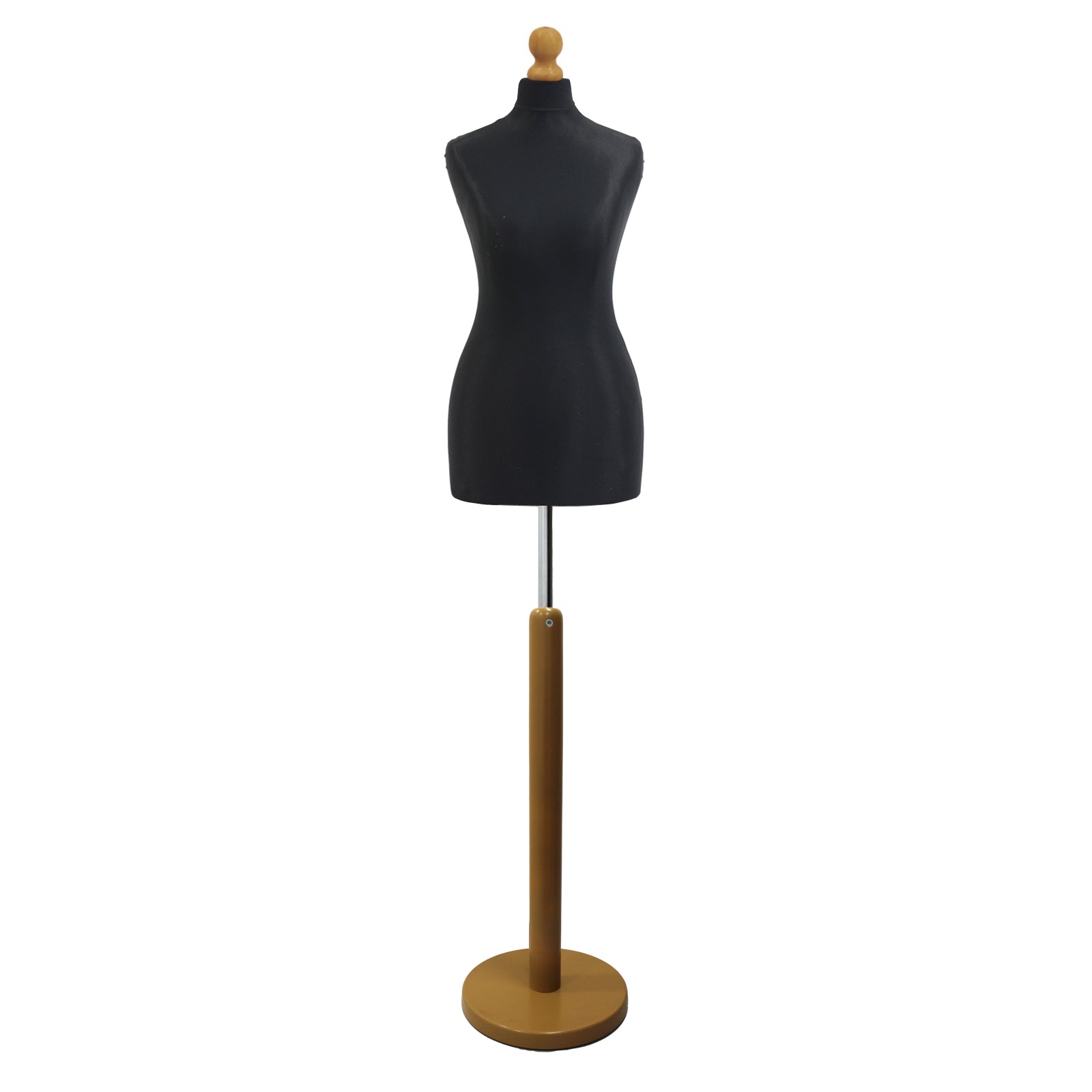Black Tailors Dummy with a Light Wood Round Stand and Thistle.
