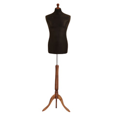 Display Guru Male Dressmakers Tailors Dummy Mannequin, Black Torso Bust With Dark Wood Tripod Stand