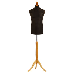 Display Guru Male Dressmakers Tailors Dummy Mannequin, Black Torso Bust With Light Wood Tripod Stand
