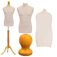 Display Guru Male Dressmakers Tailors Dummy Mannequin, Cream Torso Bust with Light Wood Tripod Stand