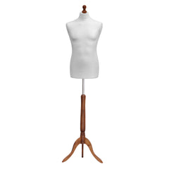 Display Guru Male Dressmakers Tailors Dummy Mannequin, White Torso Bust With Dark Wood Tripod Stand