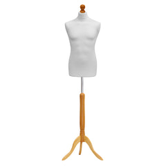 Display Guru Male Dressmakers Tailors Dummy Mannequin, White Torso Bust With Light Wood Tripod Stand