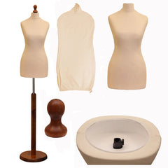 Display Guru Female Uk Size 18/20 Dressmakers Tailors Dummy Mannequin Cream Torso Bust with Dark Wood Round Base