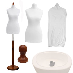 Display Guru Female Uk Size 12/14 Dressmakers Tailors Dummy Mannequin , White Torso Bust with Dark Wood Round Base
