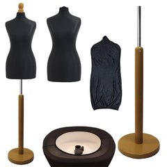 Black Tailors Dummy with a Light Wood Round Stand.