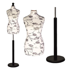 Display Guru Female Uk Size 18/20 Dressmakers Tailors Dummy Mannequin Black Flower on Cream Torso Bust with Black Wood Round Base