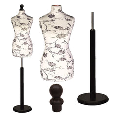 Display Guru Female Uk Size 8/10 Dressmakers Tailors Dummy Mannequin , Black flower on Cream Torso Bust with Black Wood Round Base