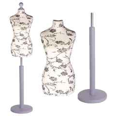 Display Guru Female Uk Size 12/14 Dressmakers Tailors Dummy Mannequin , Black Flower on Cream Torso Bust with Silver Wood Round Base