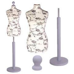 Display Guru Female Uk Size 10/12 Dressmakers Tailors Dummy Mannequin , Black Flower on cream Torso Bust with Silver Wood Round Base