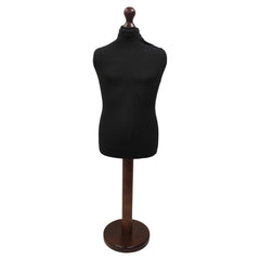 Children's Age 10-12 Years Tailors Dummy Mannequin, Black Torso Bust with a Dark Wood Round Base