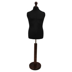 Children's Age 10-12 Years Tailors Dummy Mannequin, Black Torso Bust with a Dark Wood Round Base