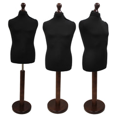 Children's Age 10-12 Years Tailors Dummy Mannequin, Black Torso Bust with a Dark Wood Round Base