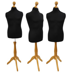 Children's Age 10-12 years Tailors Dummy Mannequin, Black Torso Bust with a Light Wood Tripod Stand
