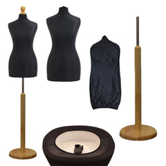 Display Guru Female Uk Size 8/10 Dressmakers Tailors Dummy Mannequin , Black Torso Bust with light Wood Round Base