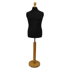 Children's Age 10-12 Years Tailors Dummy Mannequin, Black Torso Bust with a Light Wood Round Base