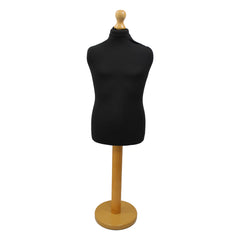 Children's Age 10-12 Years Tailors Dummy Mannequin, Black Torso Bust with a Light Wood Round Base