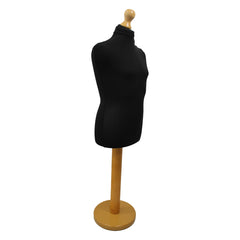 Children's Age 10-12 Years Tailors Dummy Mannequin, Black Torso Bust with a Light Wood Round Base