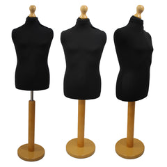 Children's Age 10-12 Years Tailors Dummy Mannequin, Black Torso Bust with a Light Wood Round Base