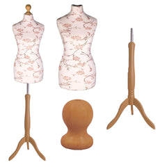 Display Guru Female Uk Size 16/18 Dressmakers Tailors Dummy Mannequin, Brown Flower on cream Torso Bust With Light Wood Tripod Stand