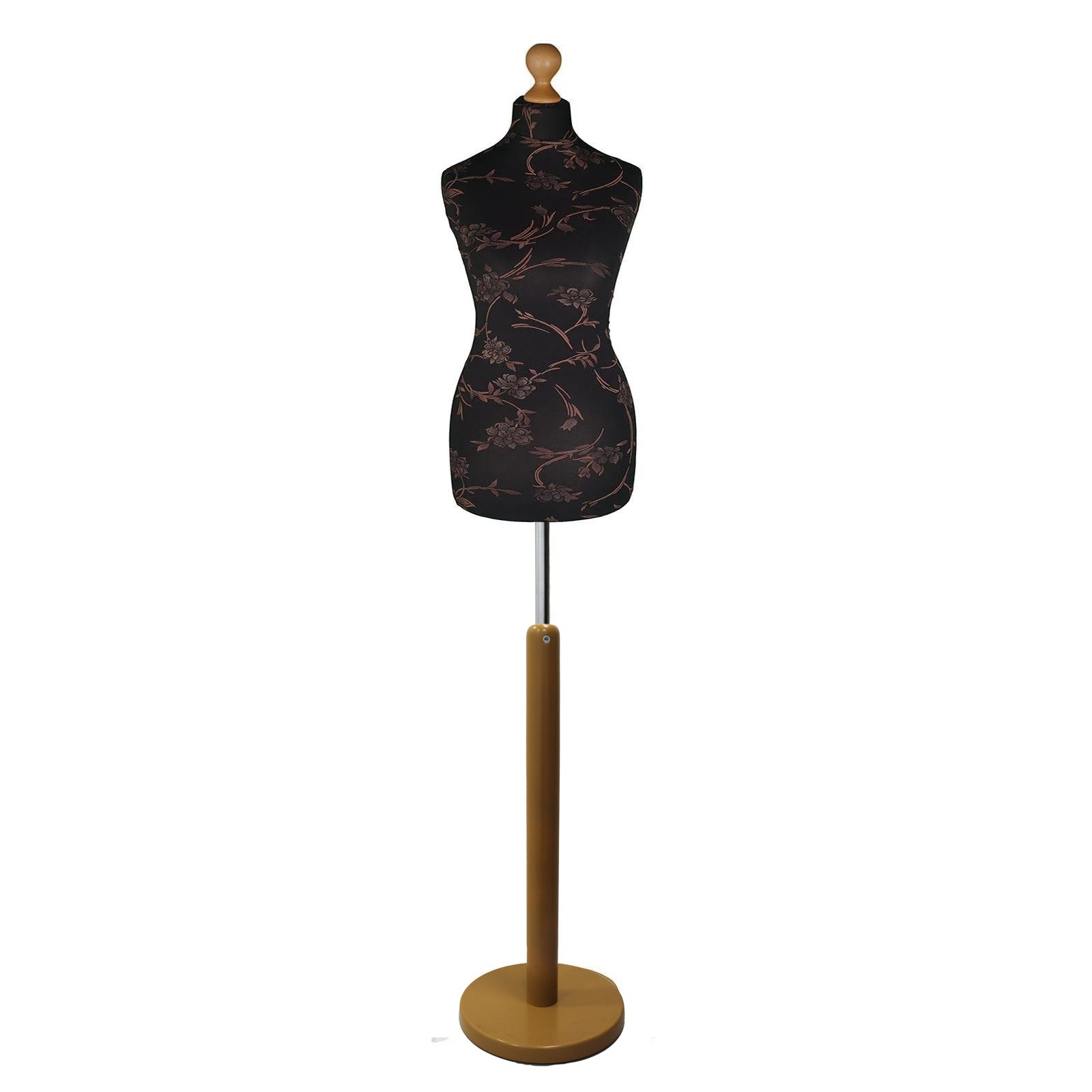 Brown flower on Black Tailors Dummy with a Light Wood Round Stand