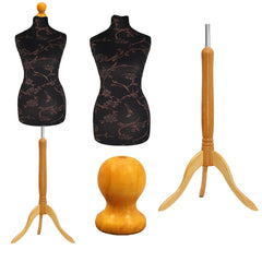 Display Guru Female Uk Size 16/18 Dressmakers Tailors Dummy Mannequin, Brown Flower on Black Torso Bust With Light Wood Tripod Stand