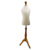 Children Kids Age 6-8 Tailors Dummy Mannequin, Cream Torso Bust on a light wood tripod stand for dressmaking and displays.