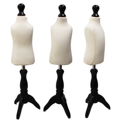 Children Kids Age 1 Tailors Dummy Mannequin, Cream Torso Bust with a Black Wood Tripod Stand