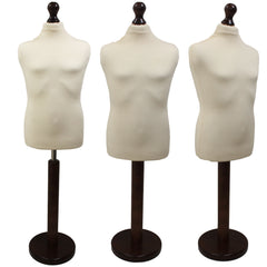 Children's Age 10-12 Years Tailors Dummy Mannequin, Cream Torso Bust with a Dark Wood Round Base