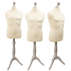 Children's Age 10-12 years Tailors Dummy Mannequin, Cream Torso Bust with a White Wood Tripod Stand