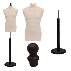 Display Guru Male Dressmakers Tailors Dummy Mannequin, Cream Torso Bust with Black Wood Round Base Stand
