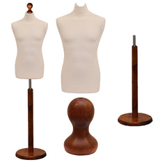 Display Guru Male Dressmakers Tailors Dummy Mannequin, Cream Torso Bust with Dark Wood Round Base Stand