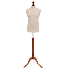 Display Guru Male Dressmakers Tailors Dummy Mannequin, Cream Torso Bust with Dark Wood Tripod Stand