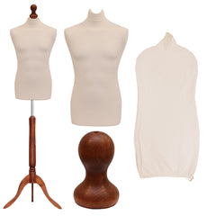 Display Guru Male Dressmakers Tailors Dummy Mannequin, Cream Torso Bust with Dark Wood Tripod Stand
