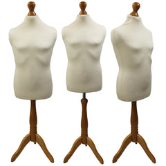 Children's Age 10-12 years Tailors Dummy Mannequin, Cream Torso Bust with a Light Wood Tripod Stand