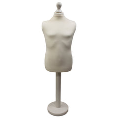 Children's Age 10-12 Years Tailors Dummy Mannequin, Cream Torso Bust with a White Wood Round Base