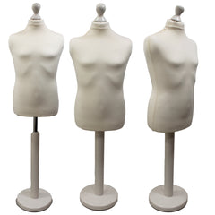 Children's Age 10-12 Years Tailors Dummy Mannequin, Cream Torso Bust with a White Wood Round Base