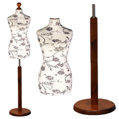 Display Guru Female Uk Size 18/20 Dressmakers Tailors Dummy Mannequin Black Flower on Cream Torso Bust with Dark Wood Round Base