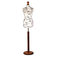 Display Guru Female Uk Size 18/20 Dressmakers Tailors Dummy Mannequin Black Flower on Cream Torso Bust with Dark Wood Round Base