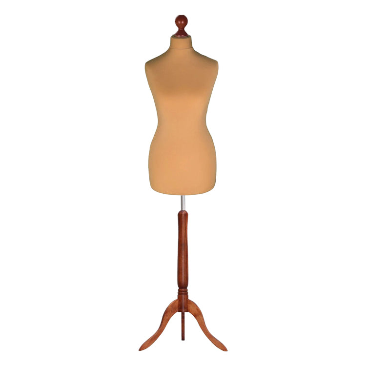 Display Guru Female UK Size 6/8 Dressmakers Tailors Dummy Mannequin in gold with dark wood tripod stand for sewing projects.
