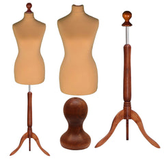 Display Guru Female UK Size 6/8 Dressmakers Tailors Dummy Mannequin with a gold torso bust and dark wood tripod stand.