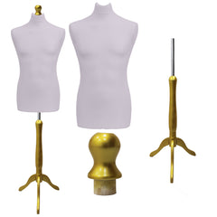 Display Guru Male Dressmakers Tailors Dummy Mannequin, Silver Torso Bust with Gold Wood Tripod Stand