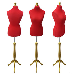 Display Guru Female Uk Size 12/14 Dressmakers Tailors Dummy Mannequin, Red Torso Bust With Gold Wood Tripod Stand