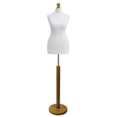 White Tailors Dummy with a Light Wood Round Stand and Thistle.