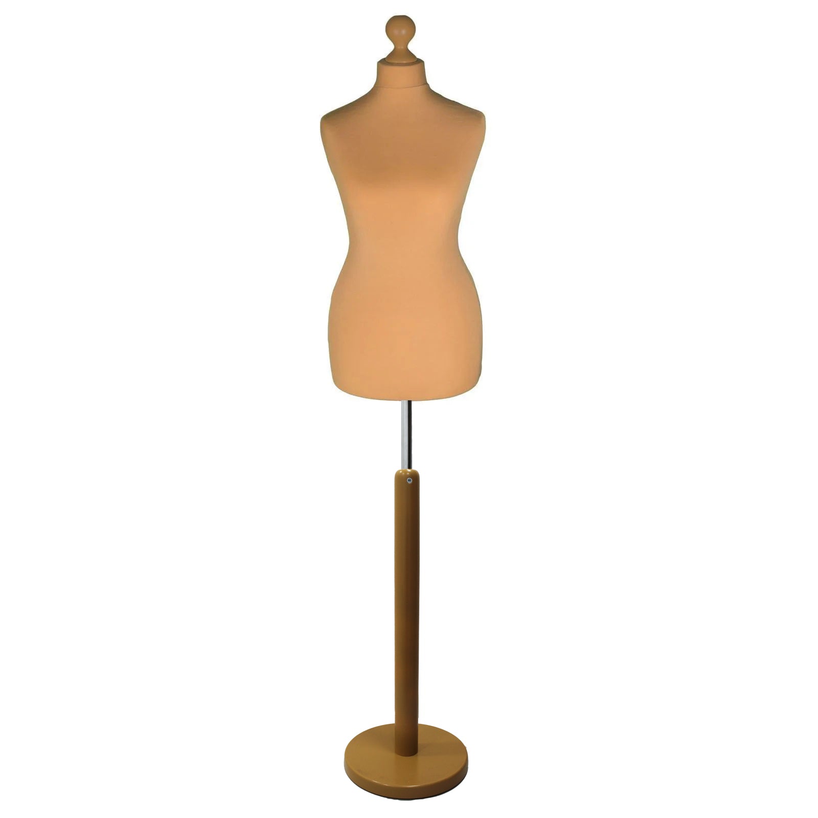 Gold Tailors Dummy with a Light Wood Round Stand and Thistle.
