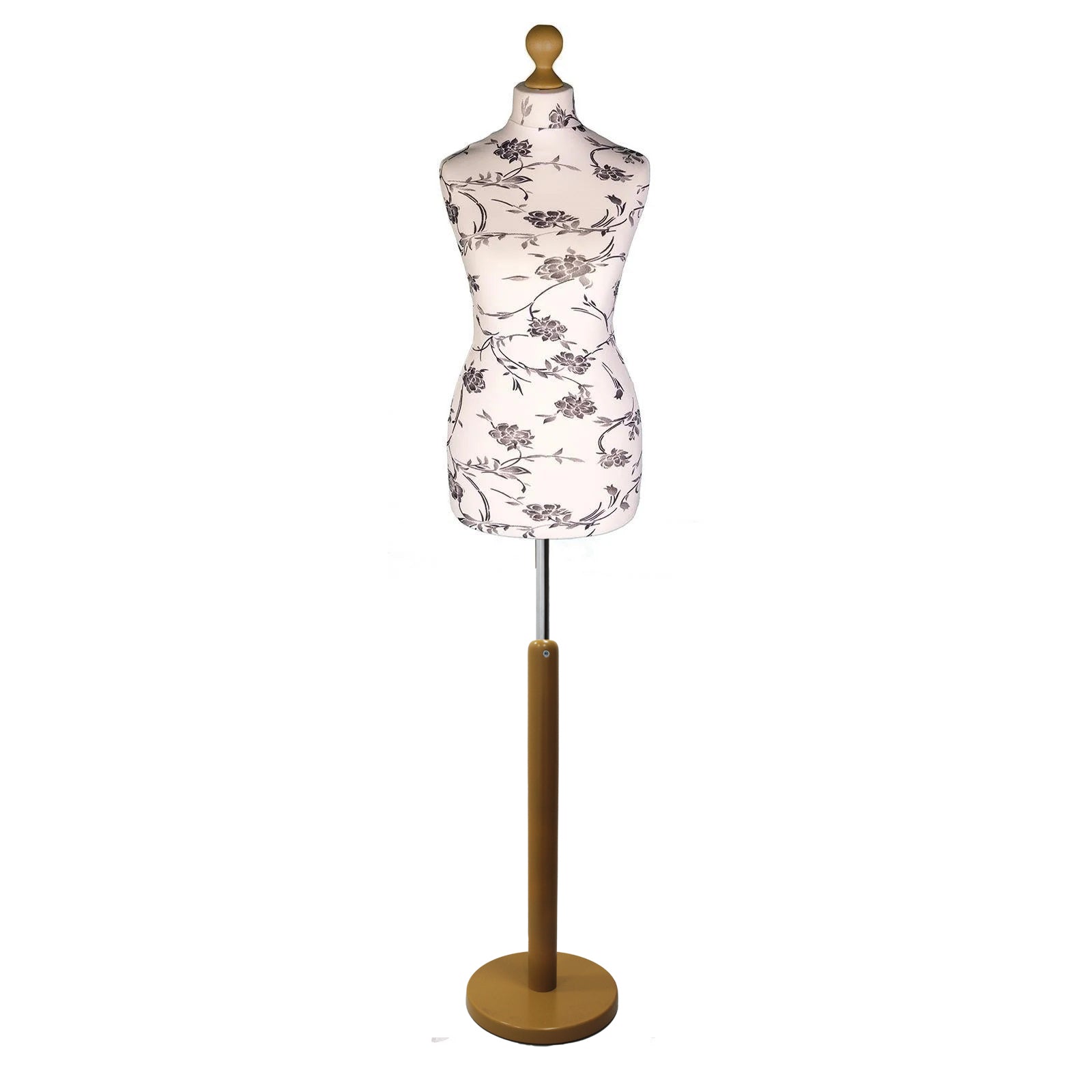 Black flower on cream Tailors Dummy with a Light Wood Round Stand and Thistle.
