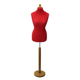 Red Tailors Dummy with a Light Wood Round Stand and Thistle.
